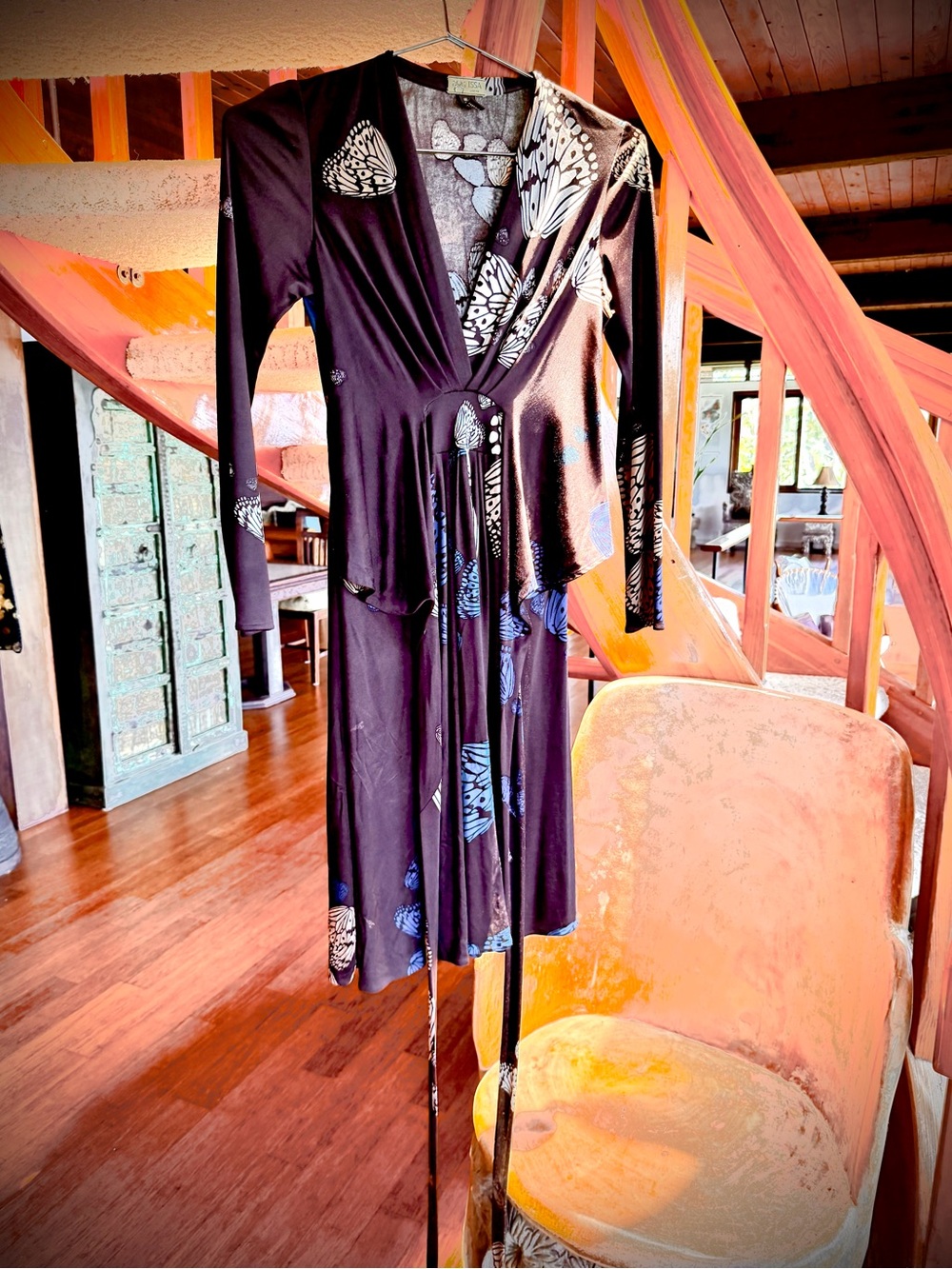 Vintage iSSA LONDON silk jersey wrap dress brown with tan & blue butterflies